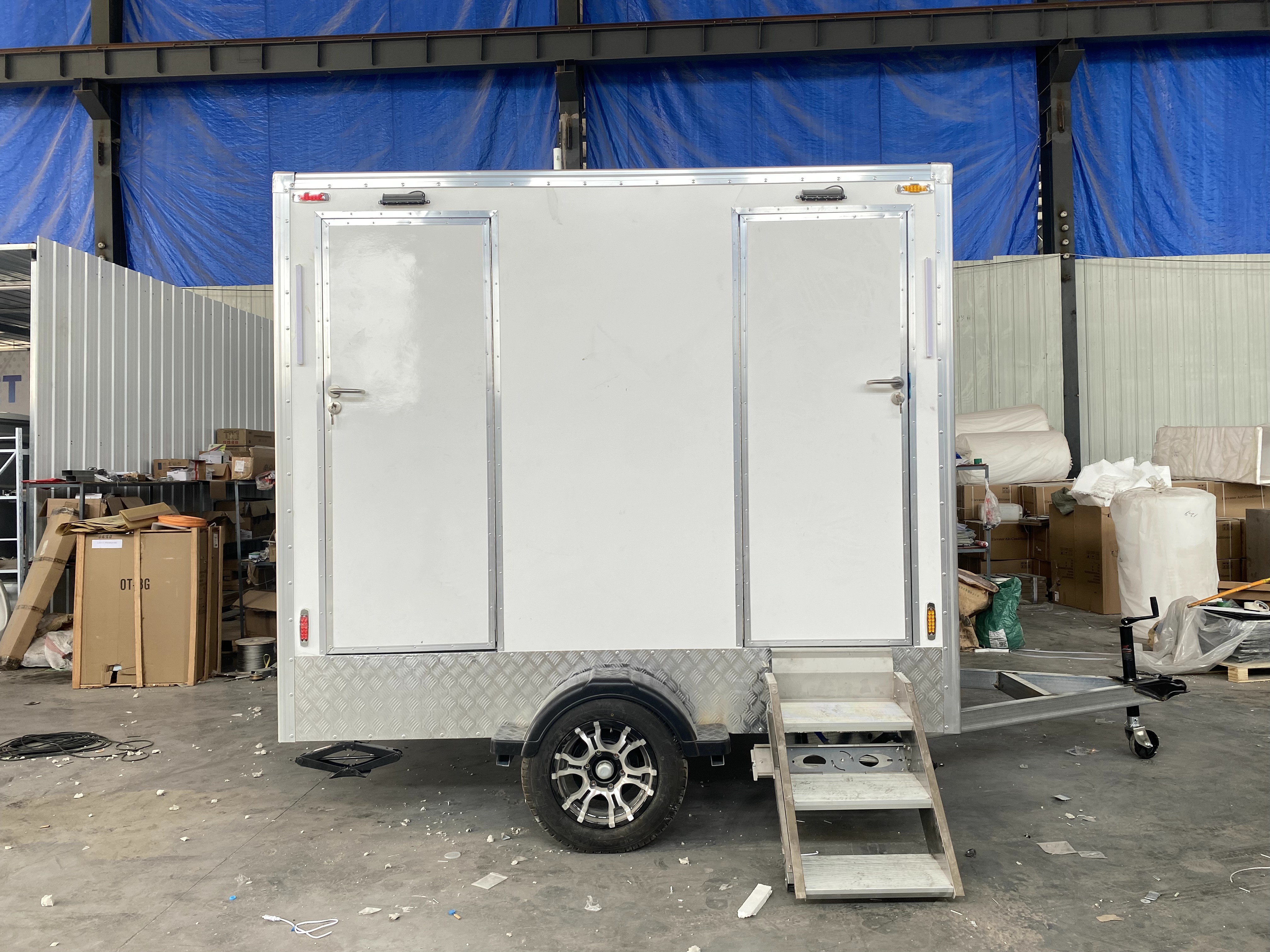 Two-door towable mobile functional vehicle outdoor mobile service station
